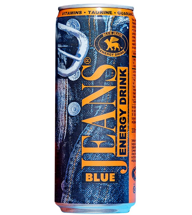 Blue Jeans Energy Drink can close-up