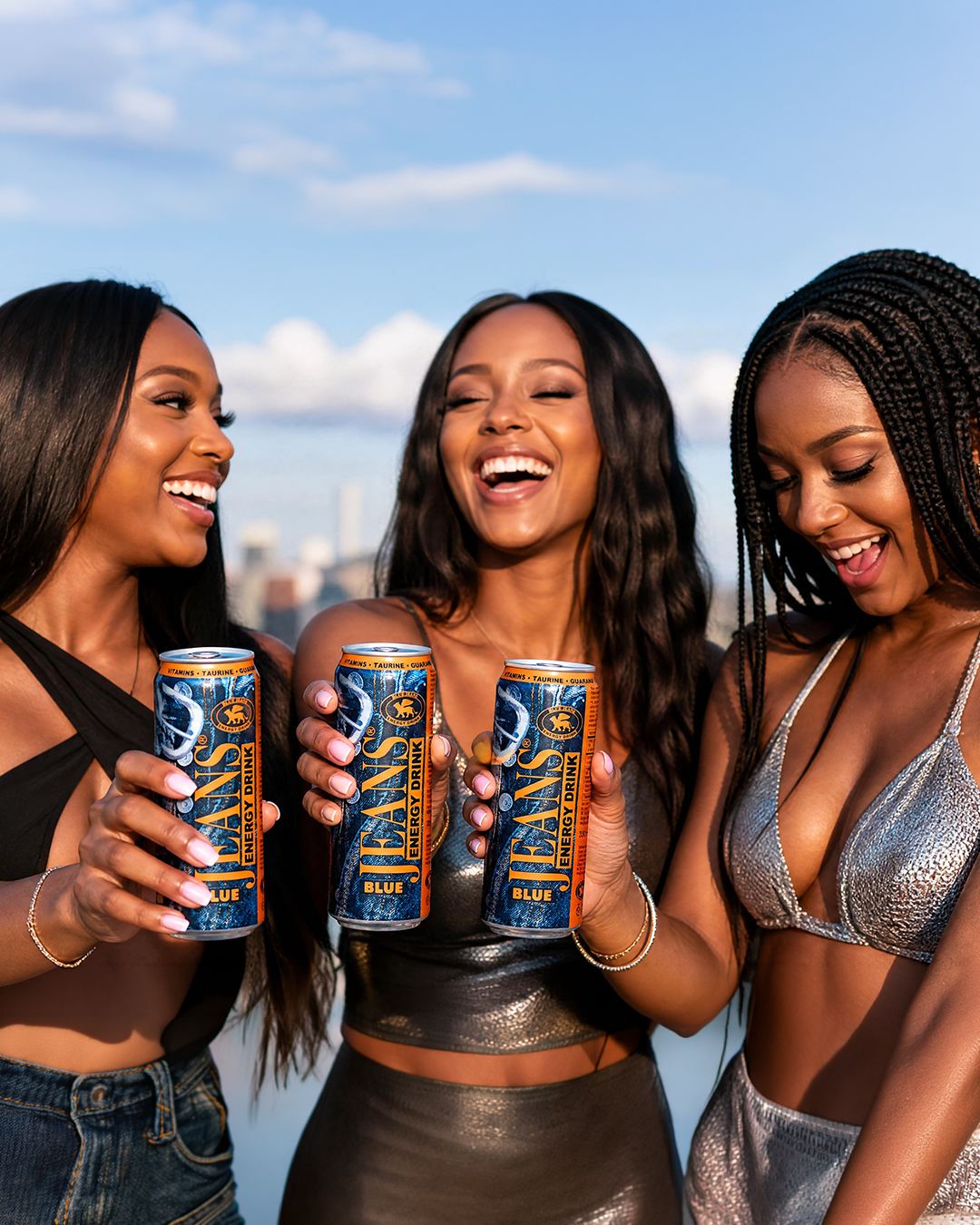 Friends enjoying Blue Jeans Energy Drink together